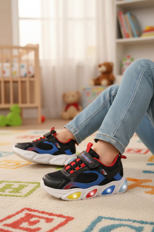 Siyah Cırtlı Işıklı Hafif Erkek Çocuk Spor Ayakkabı 2000  P