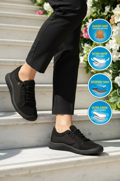 Siyah Nubuk Hakiki Deri Ortopedik Kadın Casual Ayakkabı 5605 Z