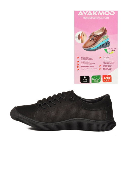Siyah Nubuk Hakiki Deri Ortopedik Kadın Casual Ayakkabı 5605 Z