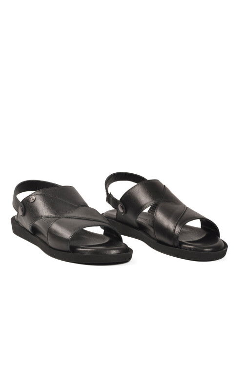 Siyah Lastikli Hakiki Deri Günlük Erkek Sandalet PC-7315 M