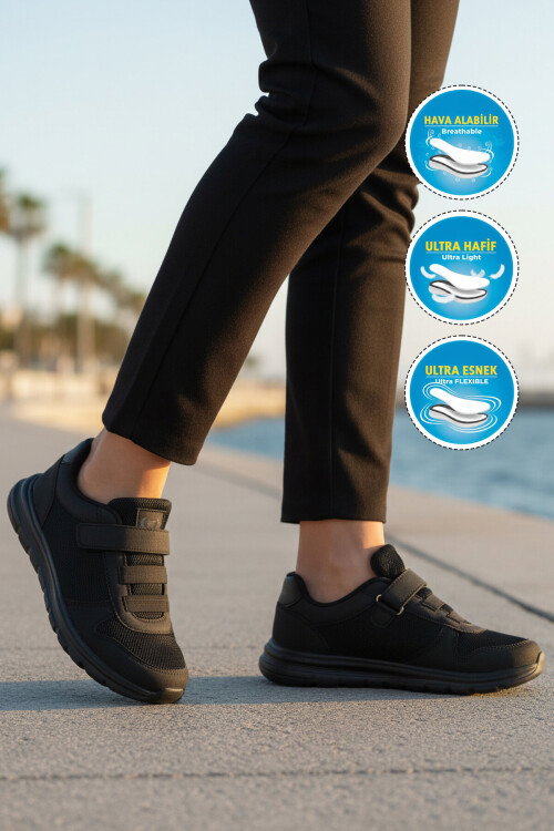 Siyah Cırtlı Fileli Hafif Hava Alabilen Unisex Spor Ayakkabı 616 G