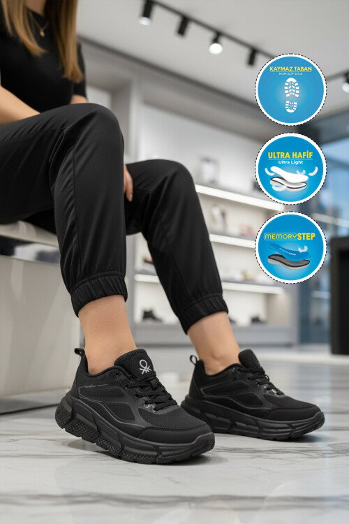 Siyah Fileli Hafif Esnek Hafızalı Taban Unisex Spor Ayakkabı BNI-11500 G