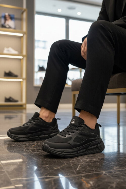 Siyah Fileli Hafif Esnek Hafızalı Taban Unisex Spor Ayakkabı BNI-11500 G