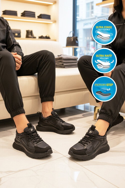 Siyah Fileli Hafif Esnek Hafızalı Taban Unisex Spor Ayakkabı PCI-10106 G