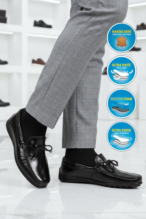 Siyah Rugan Hakiki Deri Erkek Casual Ayakkabı 14907 M