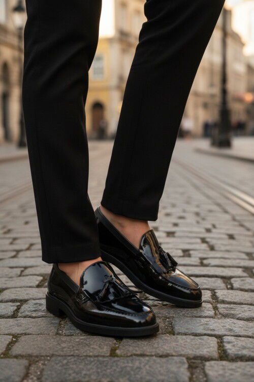 Siyah Rugan Hakiki Deri Erkek Casual Ayakkabı 2208 M