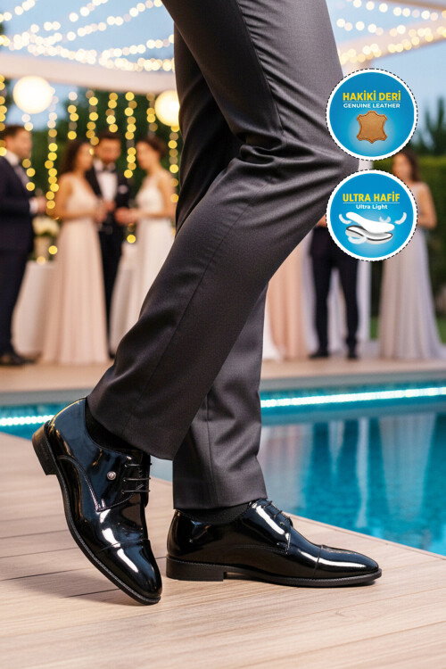 حذاء رجالي كلاسيكي من الجلد الطبيعي باللون الأسود اللامع 7028 M