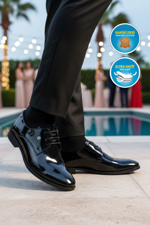 حذاء رجالي كلاسيكي من الجلد الطبيعي باللون الأسود اللامع 7030 M
