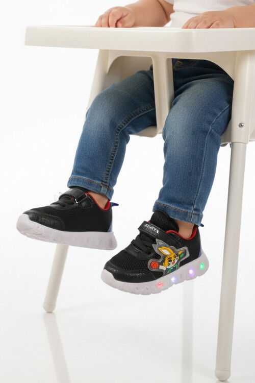 Siyah Cırtlı Işıklı Fileli Hafif Bebek Spor Ayakkabı 1015 B