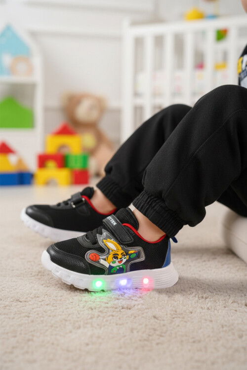 Siyah Cırtlı Işıklı Hafif Unisex Çocuk Spor Ayakkabı 1015 P