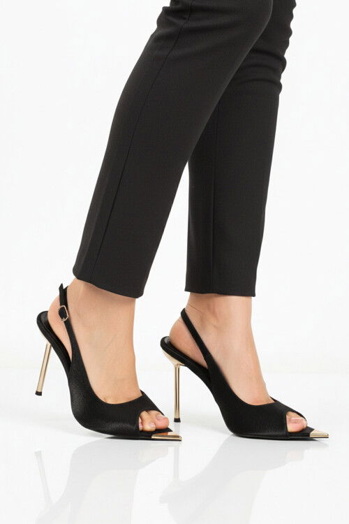 Siyah Saten İnce Uzun Topuklu Kadın Abiye Ayakkabı 618512 Z