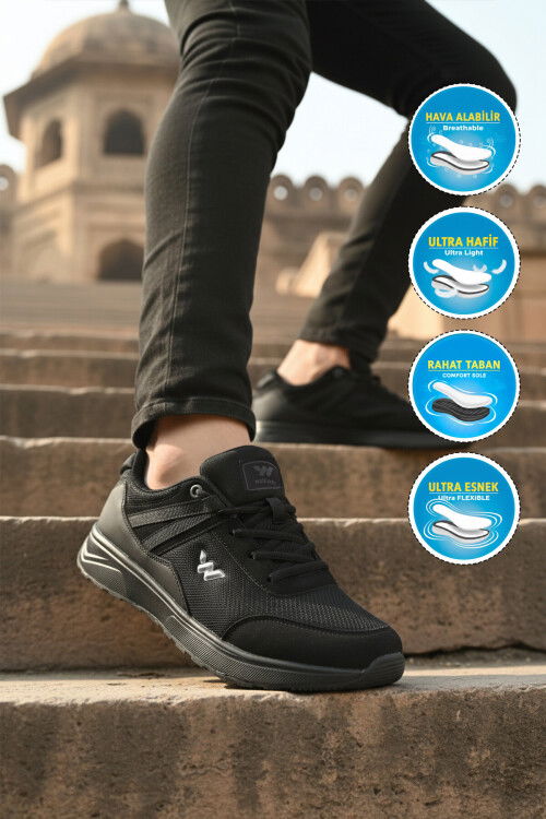 Siyah Fileli Hafif Esnek Bağcıklı Erkek Spor Ayakkabı Omina M