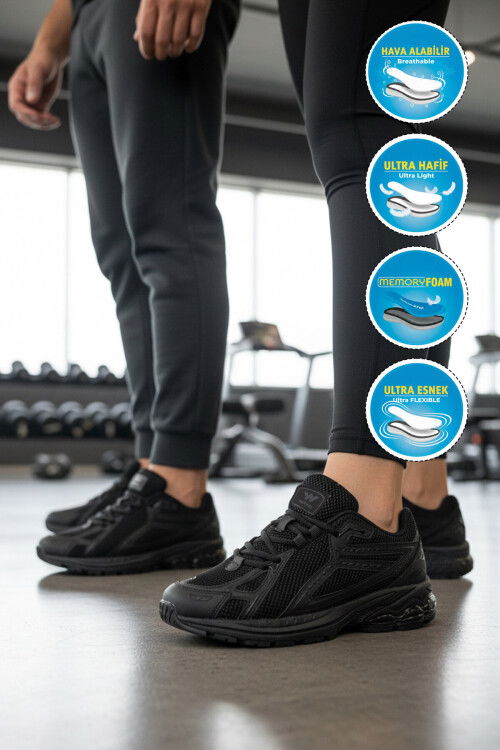 Siyah Fileli Hafif Esnek Hafızalı Taban Unisex Spor Ayakkabı Ruth G
