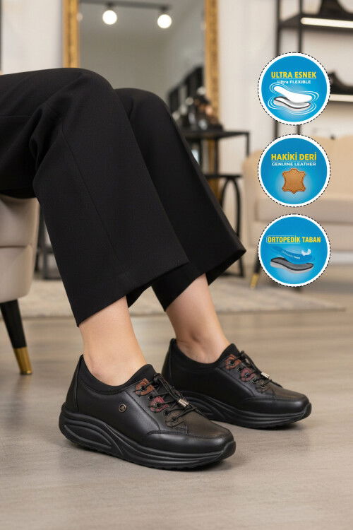 Siyah Hakiki Deri Anatomik Kadın Casual Ayakkabı 2660 Z