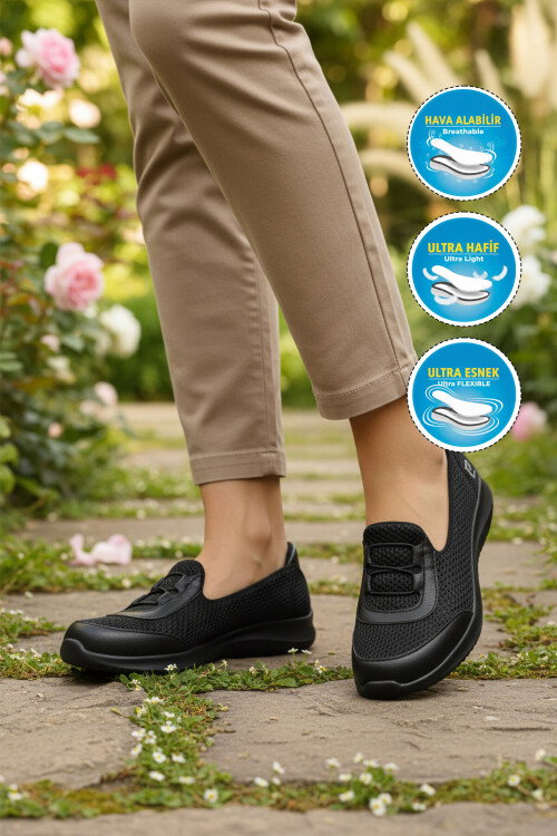 Siyah Fileli Hafif Kolay Giyilebilir Kadın Günlük Ayakkabı PC-54698 Z