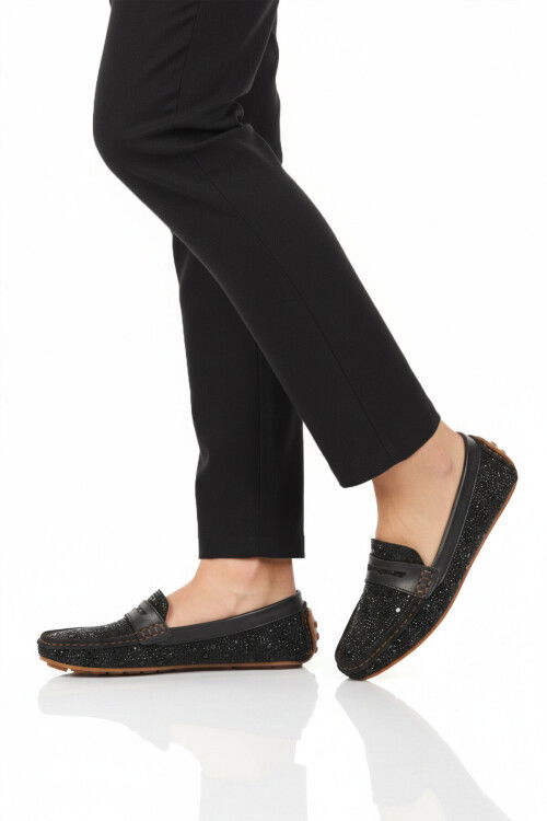 Siyah Geniş Kalıp Taş İşlemeli Hafif Esnek Kadın Babet 302122 Z