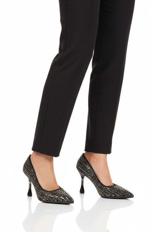 Black Stone Embroidered Thin Heeled Womens Evening Shoes PC-55020 Z