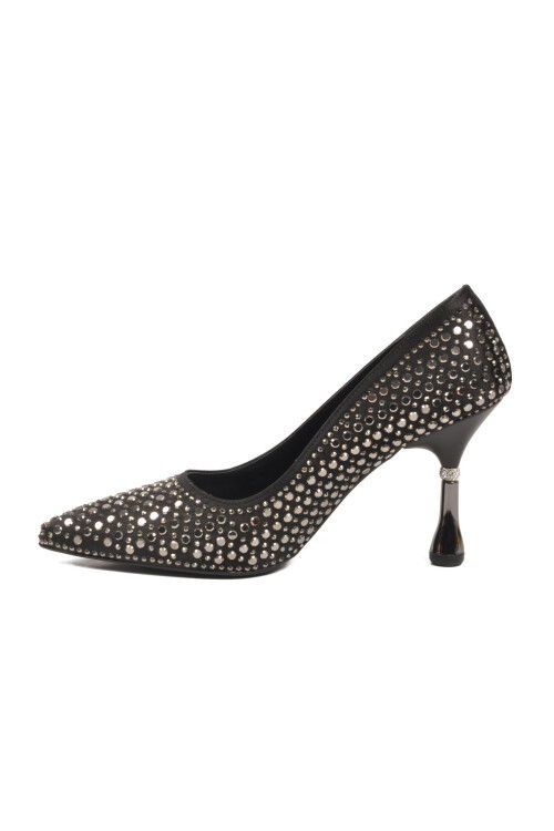 Black Stone Embroidered Thin Heeled Womens Evening Shoes PC-55020 Z