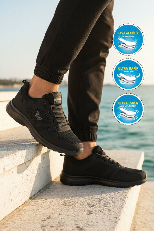 Siyah Fileli Hafif Esnek Büyük Numara Spor Ayakkabı 020 M