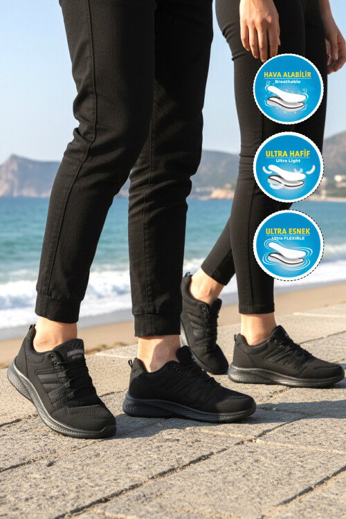 Siyah Fileli Hafif Bağcıklı Unisex Spor Ayakkabı 2029 G