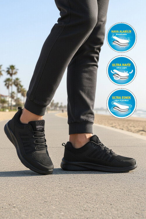 Siyah Fileli Hafif Bağcıklı Esnek Erkek Spor Ayakkabı 2029 M