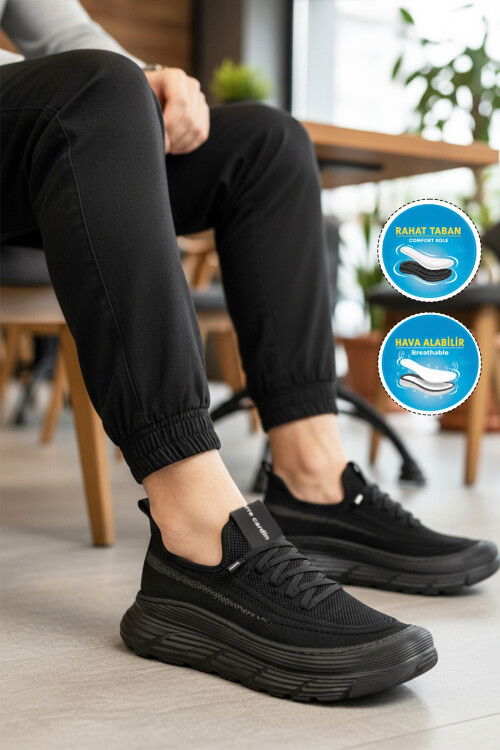 Siyah Fileli Hafif Esnek Hafızalı Taban Erkek Spor Ayakkabı PCI-11303 M