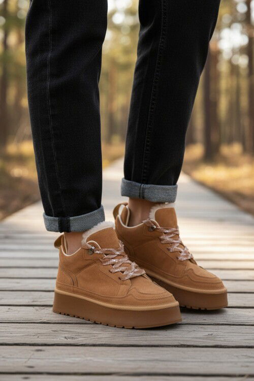 Taba Süet Polarlı Bağcıklı Kaymaz Kadın Bot 2613 Z