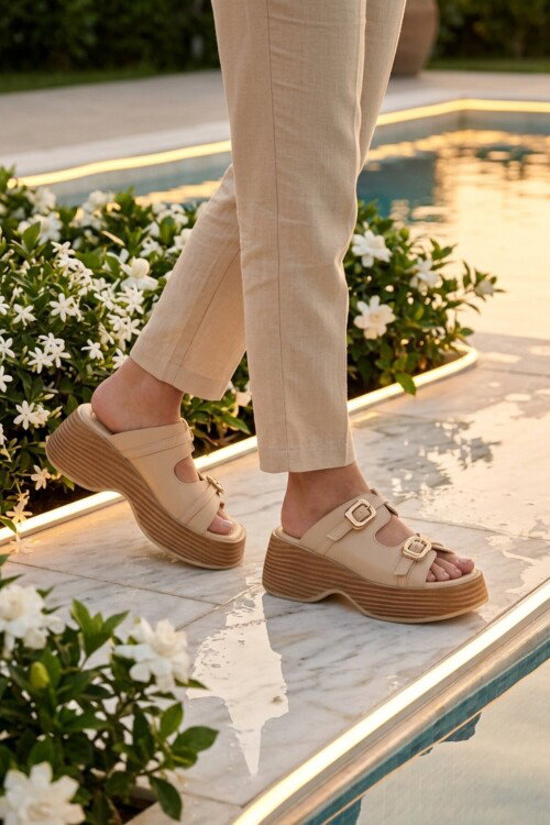 Bej Çift Bantlı Kadın Topuklu Terlik 322183 Z