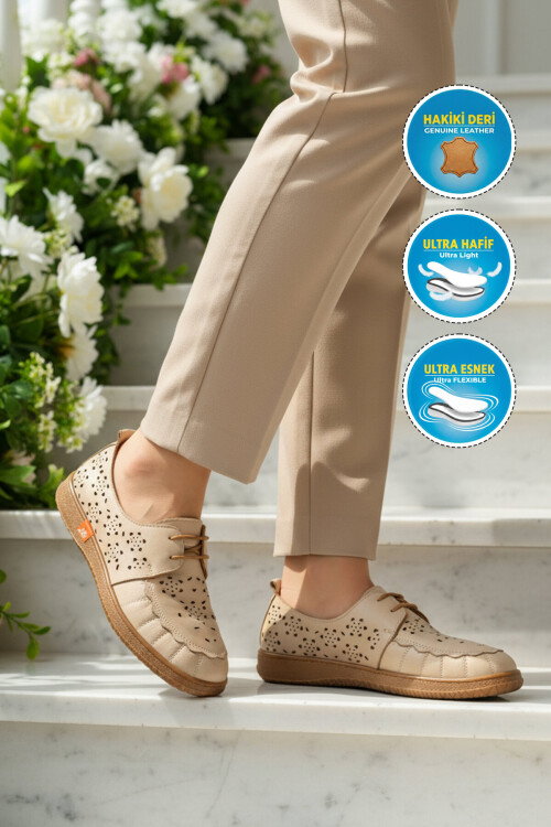Bej Hakiki Deri Kadın Casual Ayakkabı 2084 Z