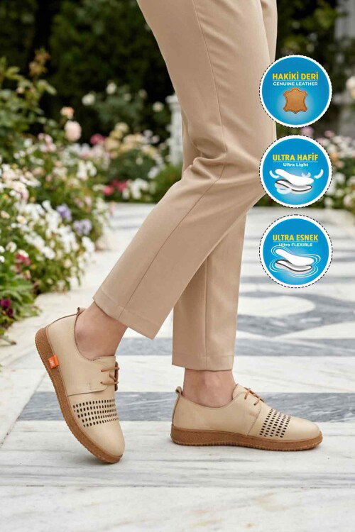 Bej Hakiki Deri Kadın Casual Ayakkabı 2087 Z
