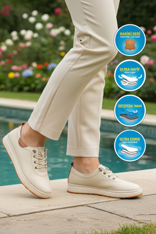 Bej Hakiki Deri Ortopedik Kadın Casual Ayakkabı 3030 Z