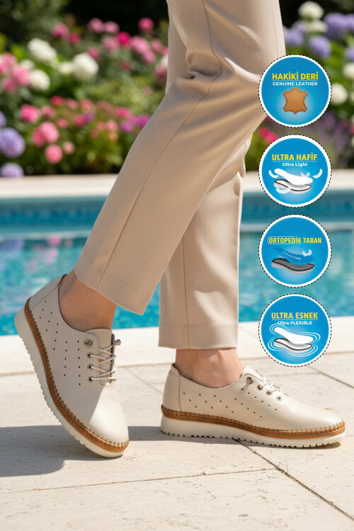 Bej Hakiki Deri Ortopedik Kadın Casual Ayakkabı 508 Z