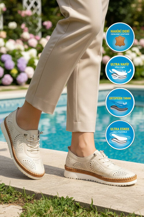 Bej Hakiki Deri Ortopedik Kadın Casual Ayakkabı 509 Z