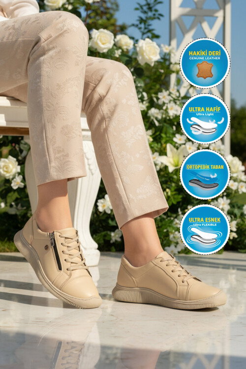 Bej Hakiki Deri Ortopedik Kadın Casual Ayakkabı 5635 Z
