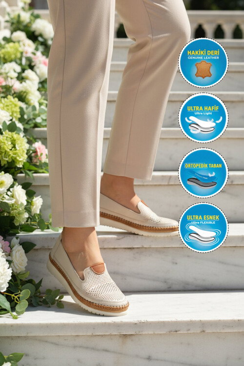 Bej Hakiki Deri Ortopedik Kadın Casual Ayakkabı 700 Z