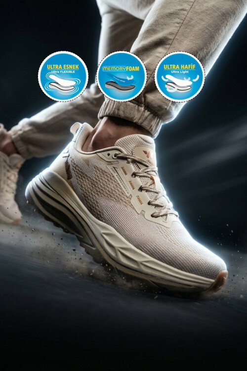 Bej Fileli Hafif Esnek Hafızalı Taban Erkek Spor Ayakkabı Flexion M