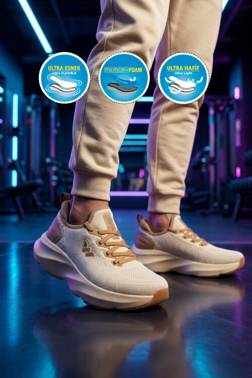 Bej Fileli Hafif Esnek Hafızalı Taban Unisex Spor Ayakkabı Flexnova M