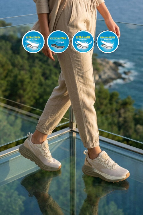 Bej Fileli Hafif Esnek Hafızalı Taban Unisex Spor Ayakkabı Flexion G