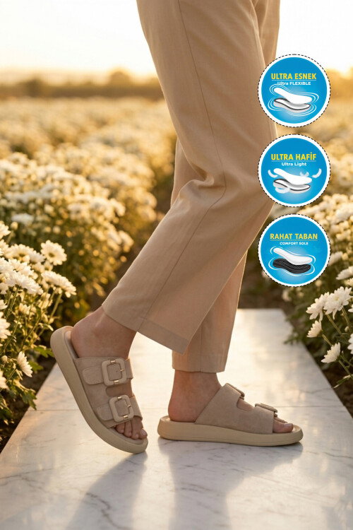 Bej Süet Çift Bantlı Hafif Kadın Terlik 513089 Z