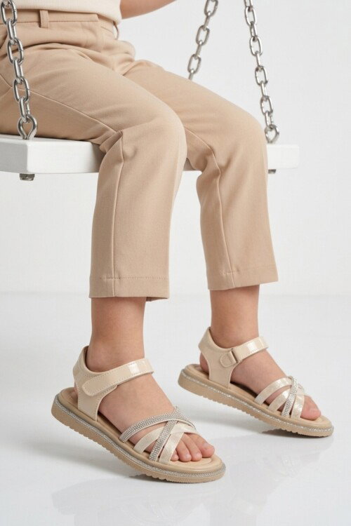 Bej Cırtlı Hafif Yumuşak Taban Kız Çocuk Sandalet Maya P