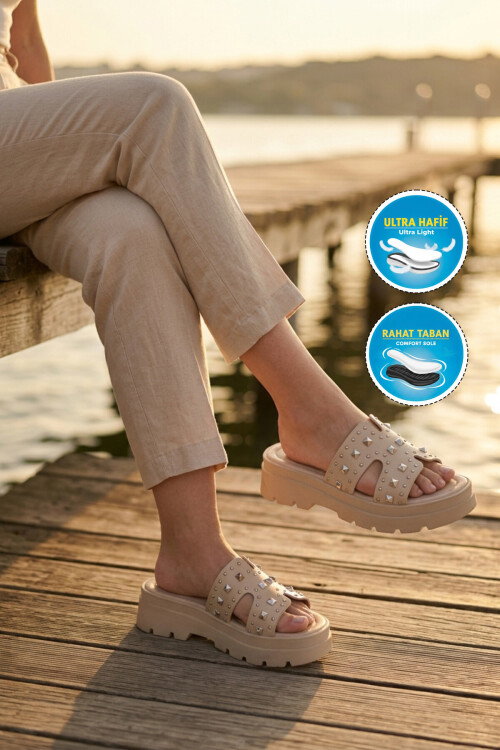 Bej Hafif Kalın Taban Kadın Terlik 35350 Z