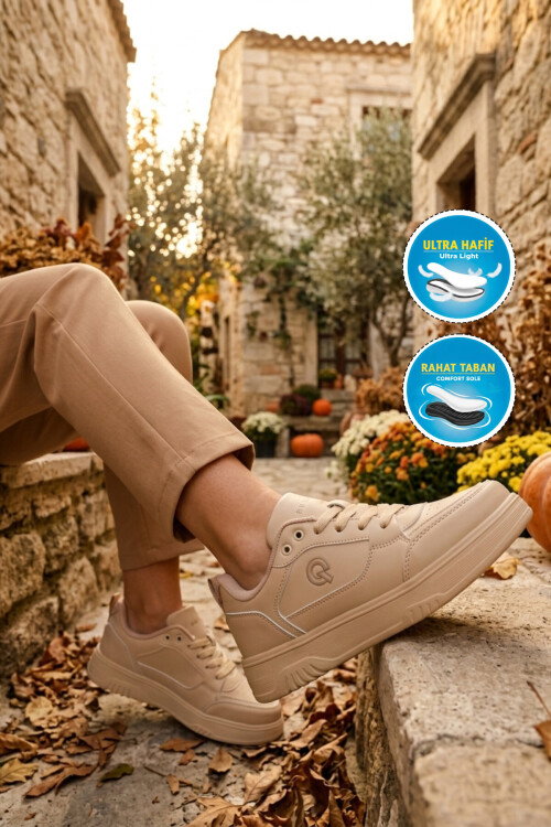 Bej Bağcıklı Hafif Esnek Unisex Günlük Ayakkabı BST-2081 G
