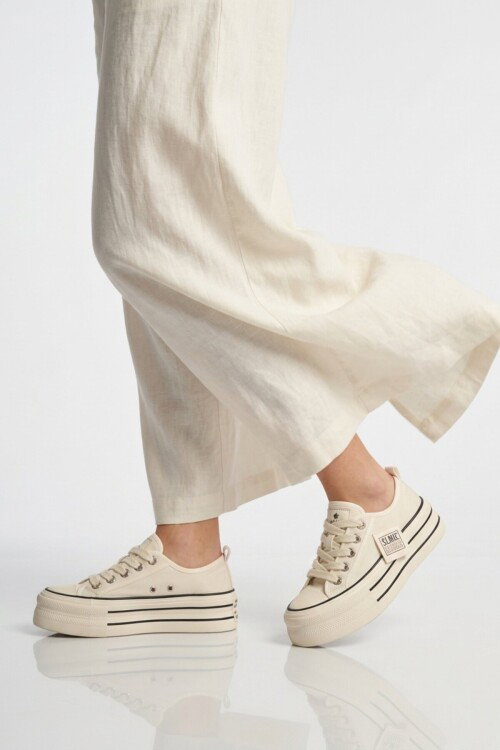 Bej Keten Hafif Bağcıklı Kadın Casual Ayakkabı 2011 G