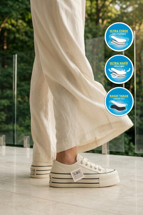 Bej Keten Hafif Bağcıklı Kadın Casual Ayakkabı 2011 G