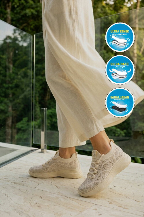 Bej Anorak Hafif Esnek Bağcıklı Kadın Casual Ayakkabı 2061 G