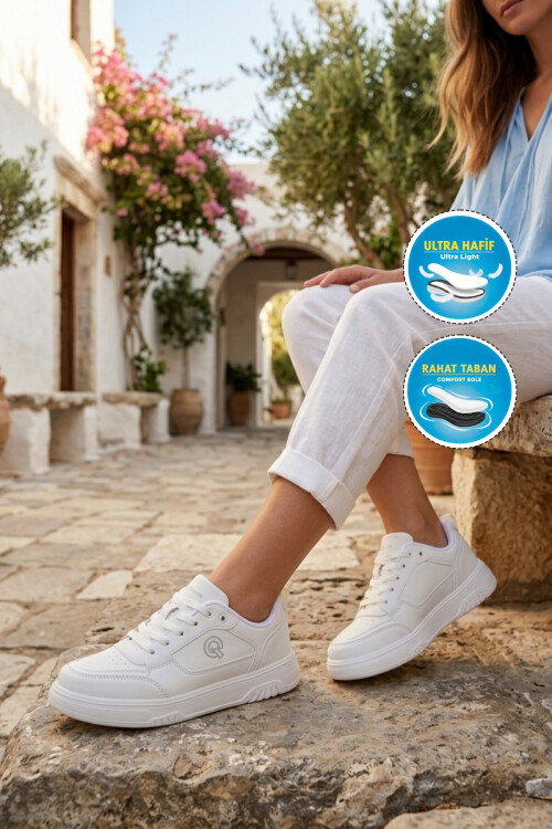 Beyaz Bağcıklı Hafif Esnek Unisex Günlük Ayakkabı BST-2081 G