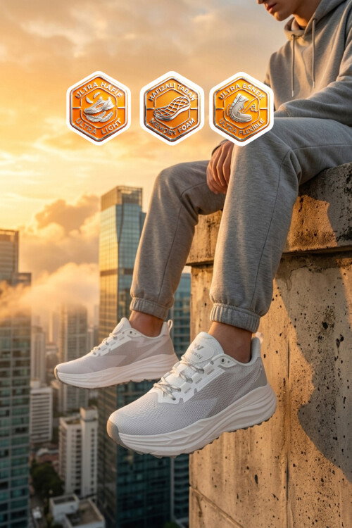 Beyaz Gümüş Fileli Hafif Esnek Hafızalı Taban Erkek Spor Ayakkabı Flexion M