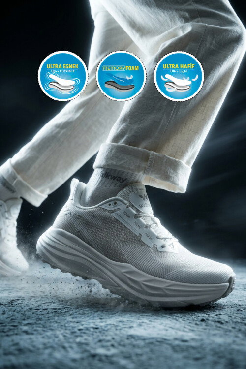 Beyaz Gümüş Fileli Hafif Esnek Hafızalı Taban Erkek Spor Ayakkabı Flexion M
