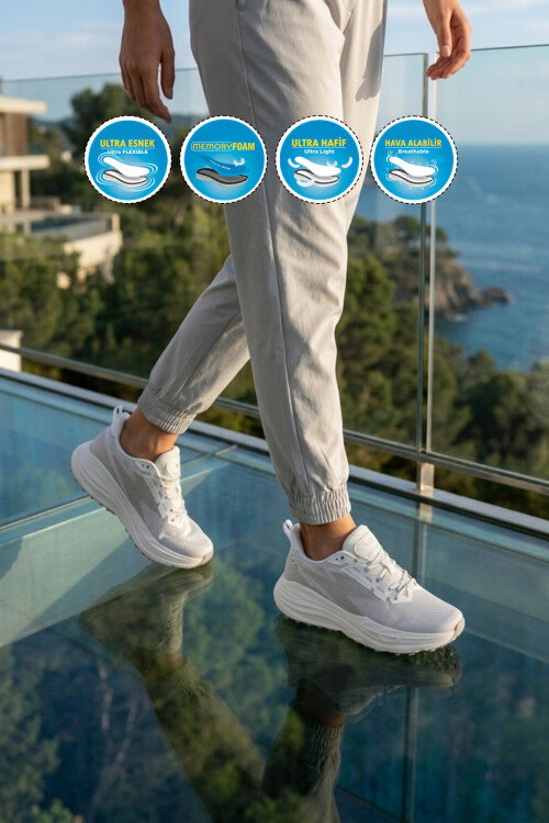 Beyaz Gümüş Fileli Hafif Esnek Hafızalı Taban Unisex Spor Ayakkabı Flexion G