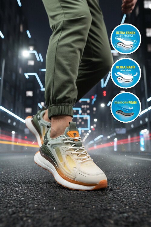 Beyaz Haki Fileli Hafif Esnek Erkek Spor Ayakkabı PCI-10105 M